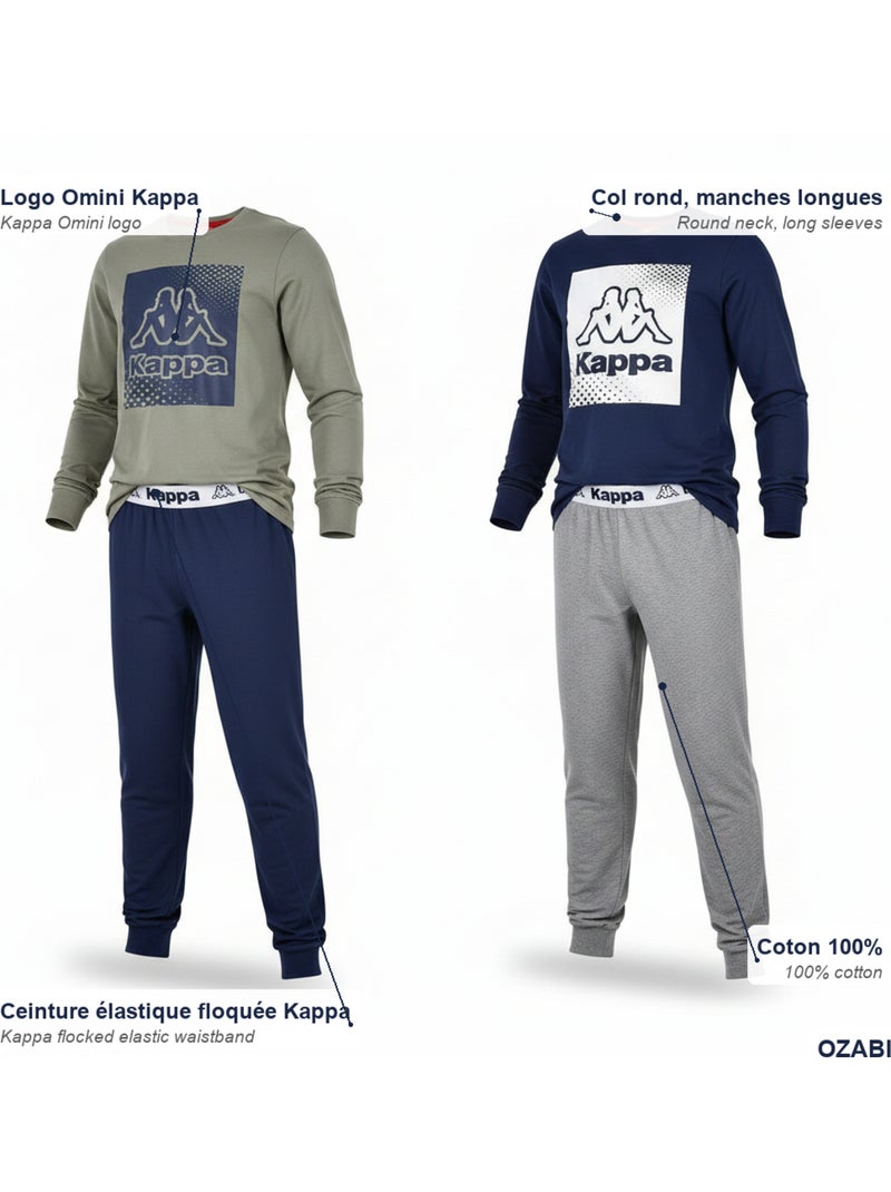 KAPPA Pyjama Jongen Set van 2 Katoen Logo Ronde Hals Lange Mouwen Blauw Kaki - Kiabi