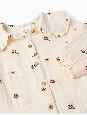 Katoenen blouse met lange mouwen en geborduurde bloemen