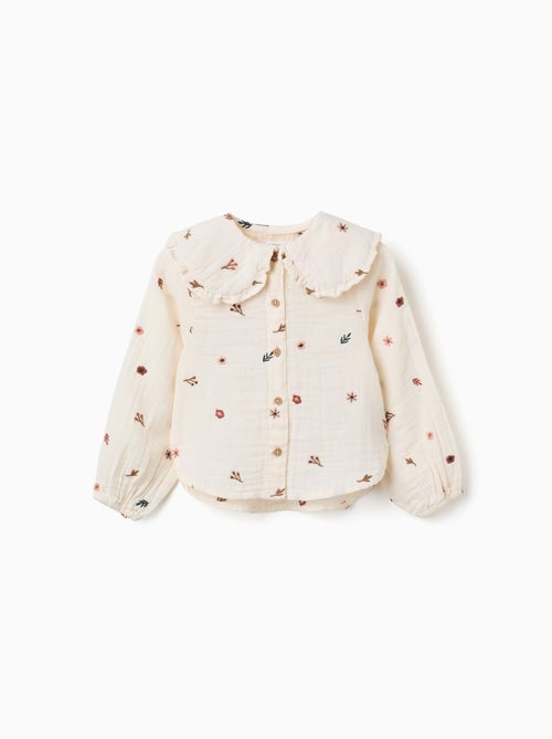 Katoenen blouse met lange mouwen en geborduurde bloemen - Kiabi