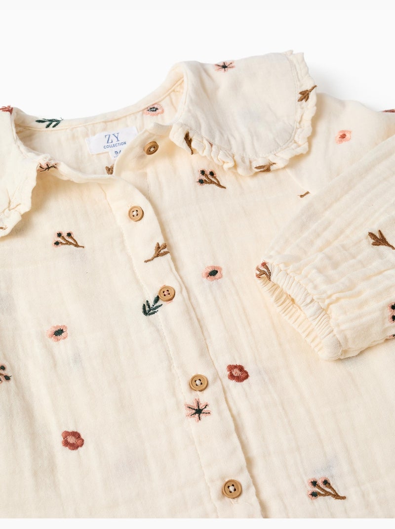 Katoenen blouse met lange mouwen en geborduurde bloemen Wit - Kiabi