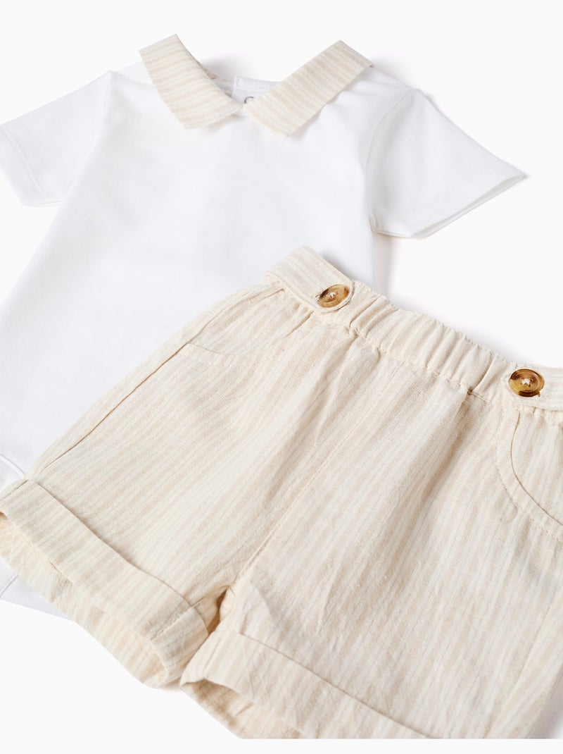 Katoenen body + gestreepte shortset Lichtbeige - Kiabi
