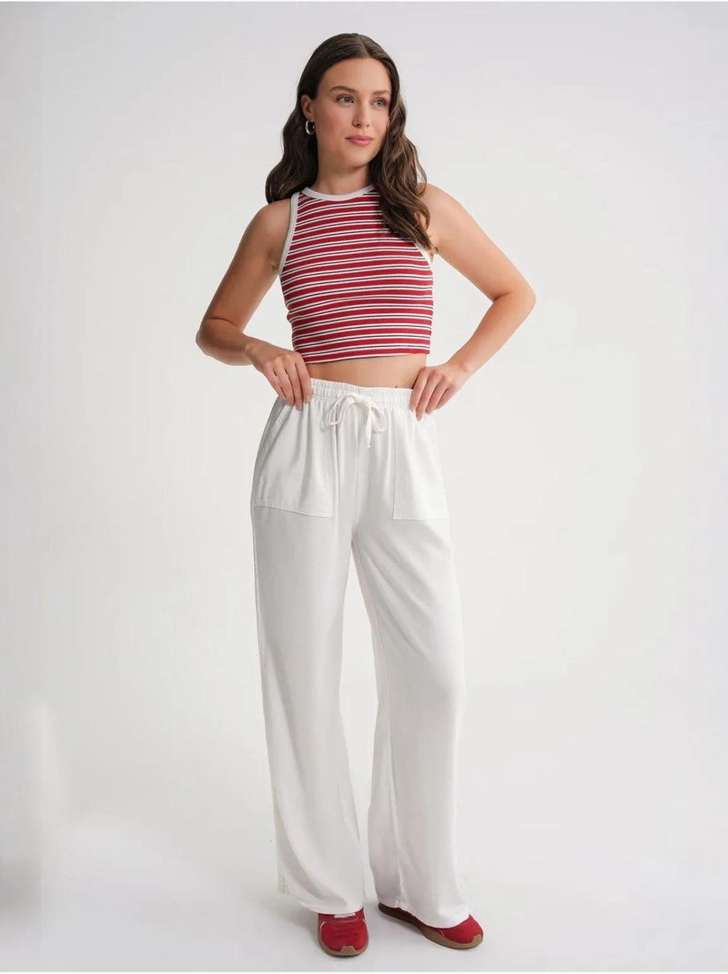 Katoenen broek met middelhoge taille, rechte pijpen en striksluiting mixray Gebroken wit - Kiabi