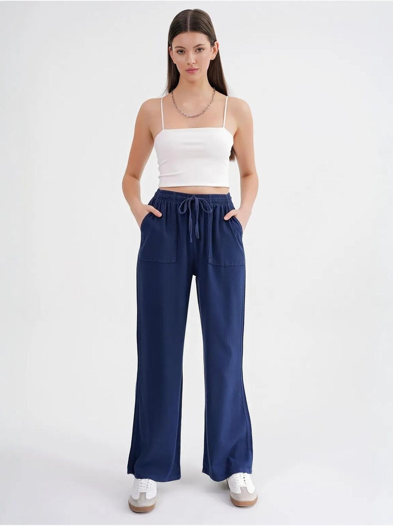 Katoenen broek met middelhoge taille, rechte pijpen en striksluiting mixray Marineblauw - Kiabi