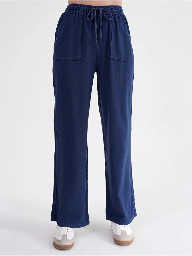 Katoenen broek met middelhoge taille, rechte pijpen en striksluiting mixray Marineblauw - Kiabi