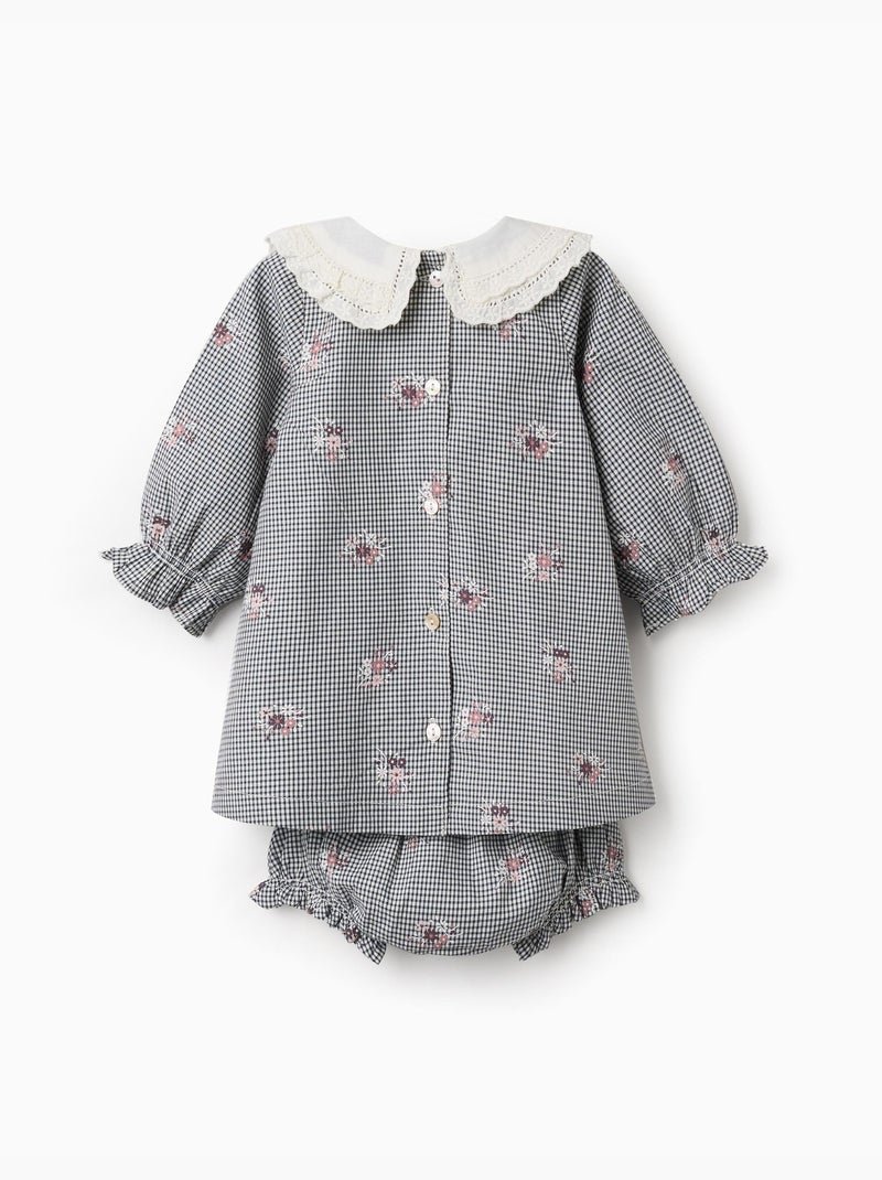 Katoenen gingham jurk met bloemenprint Donkerblauw - Kiabi
