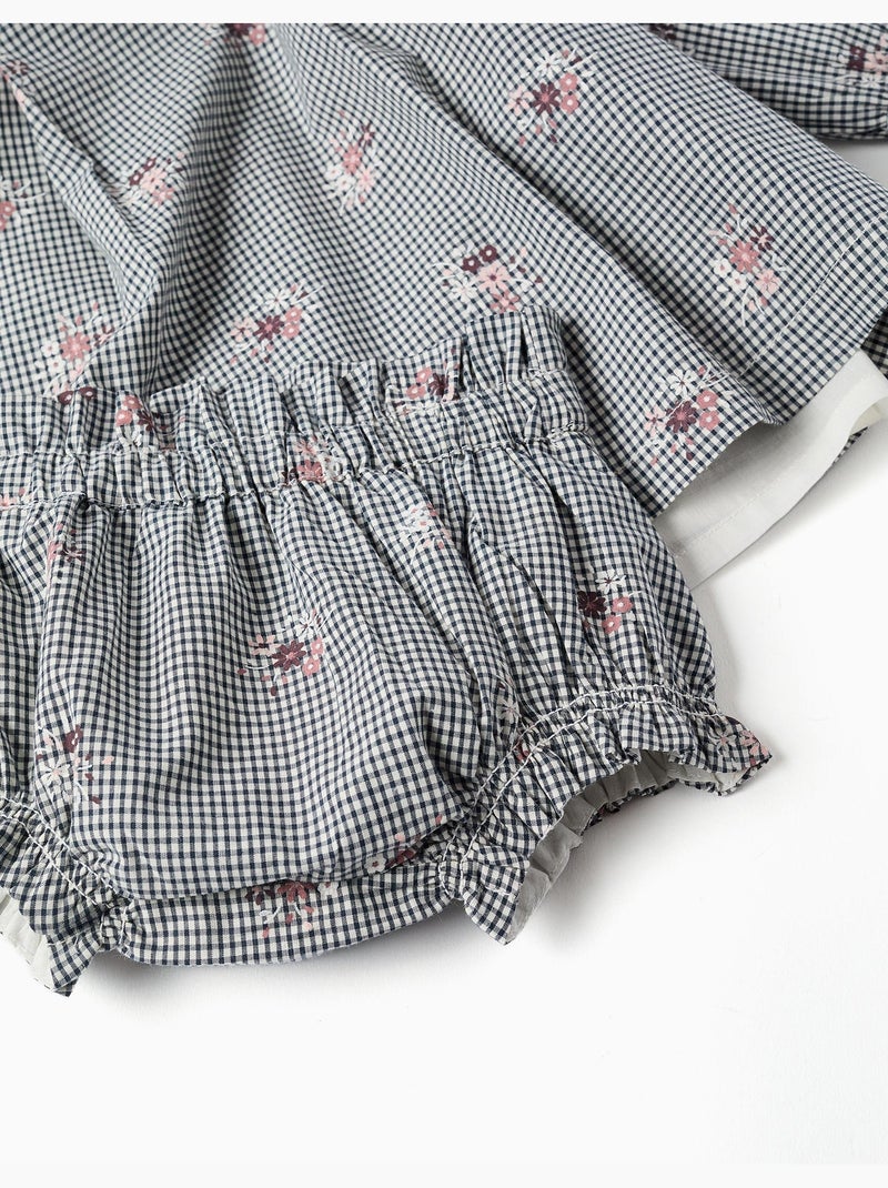Katoenen gingham jurk met bloemenprint Donkerblauw - Kiabi