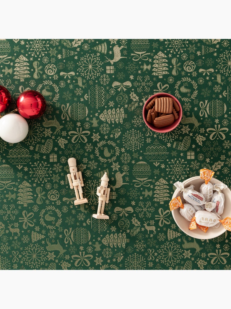 Katoenen kersttafelkleed, gouden kerstmotieven in reliëf - gamusi Groen - Kiabi
