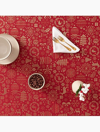 Katoenen kersttafelkleed, gouden kerstmotieven in reliëf - gamusi