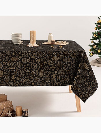 Katoenen kersttafelkleed, gouden kerstmotieven in reliëf - gamusi