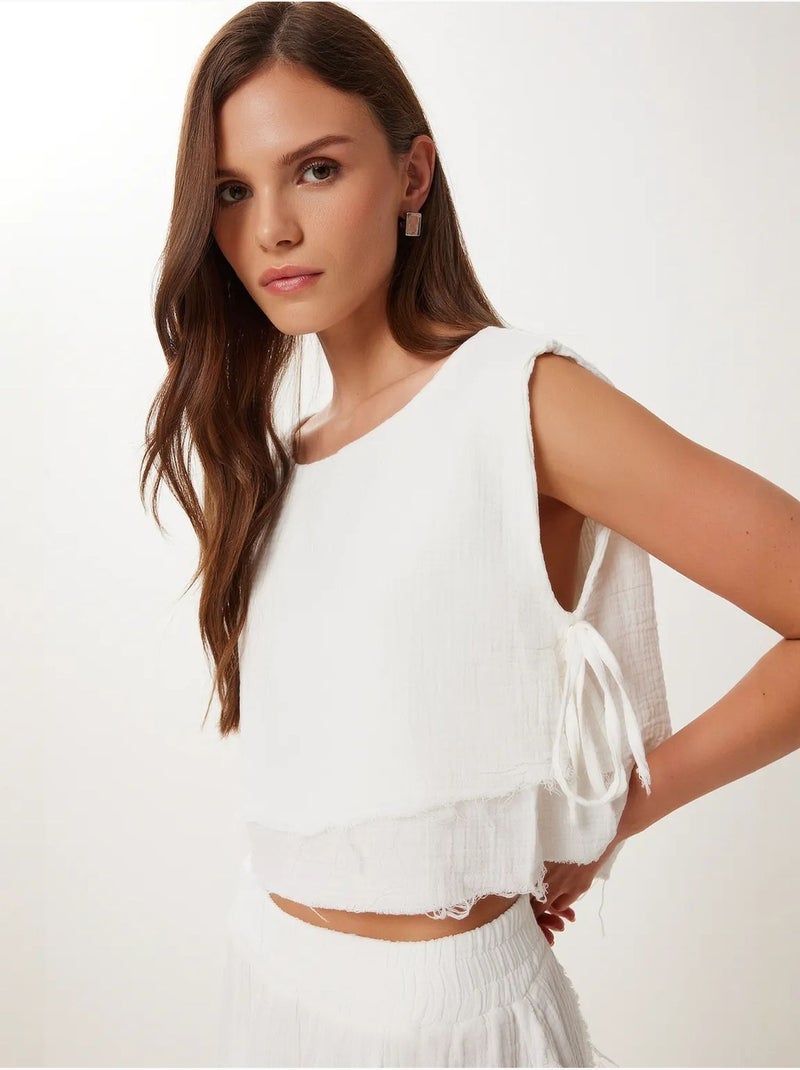 Katoenen mouwloze blouse en set met wijde broekrok istanbul Ivoor - Kiabi