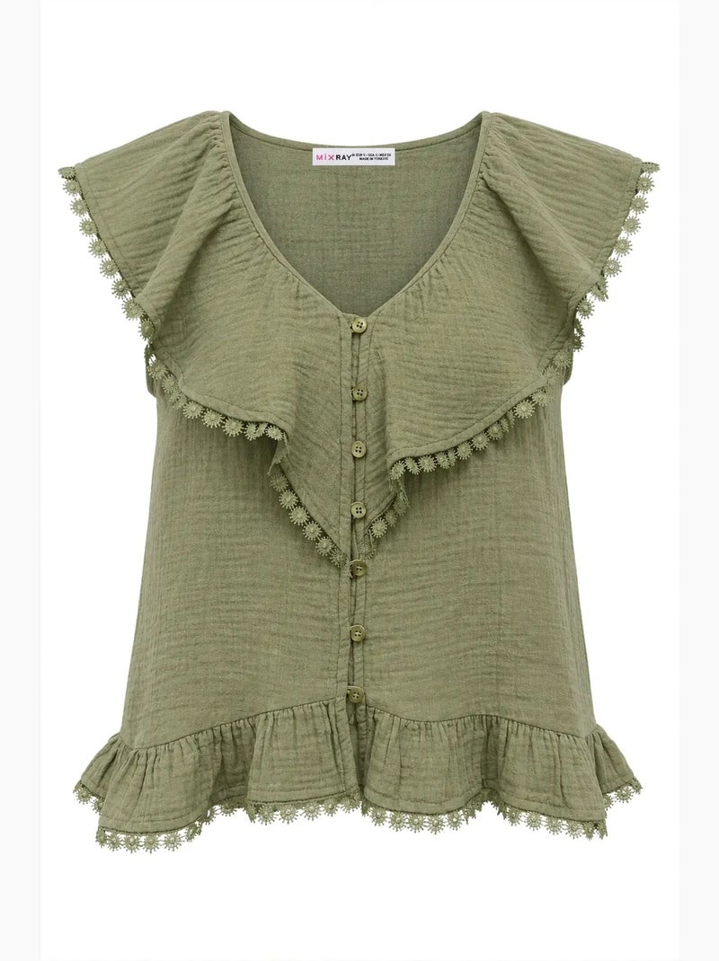 Katoenen mouwloze blouse met v-hals mixray Kaki - Kiabi