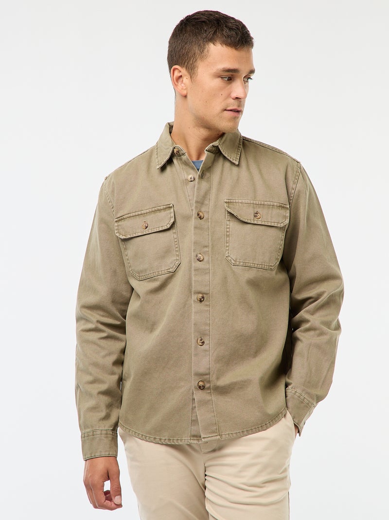 Katoenen overhemd met lange mouwen Kaki - Kiabi