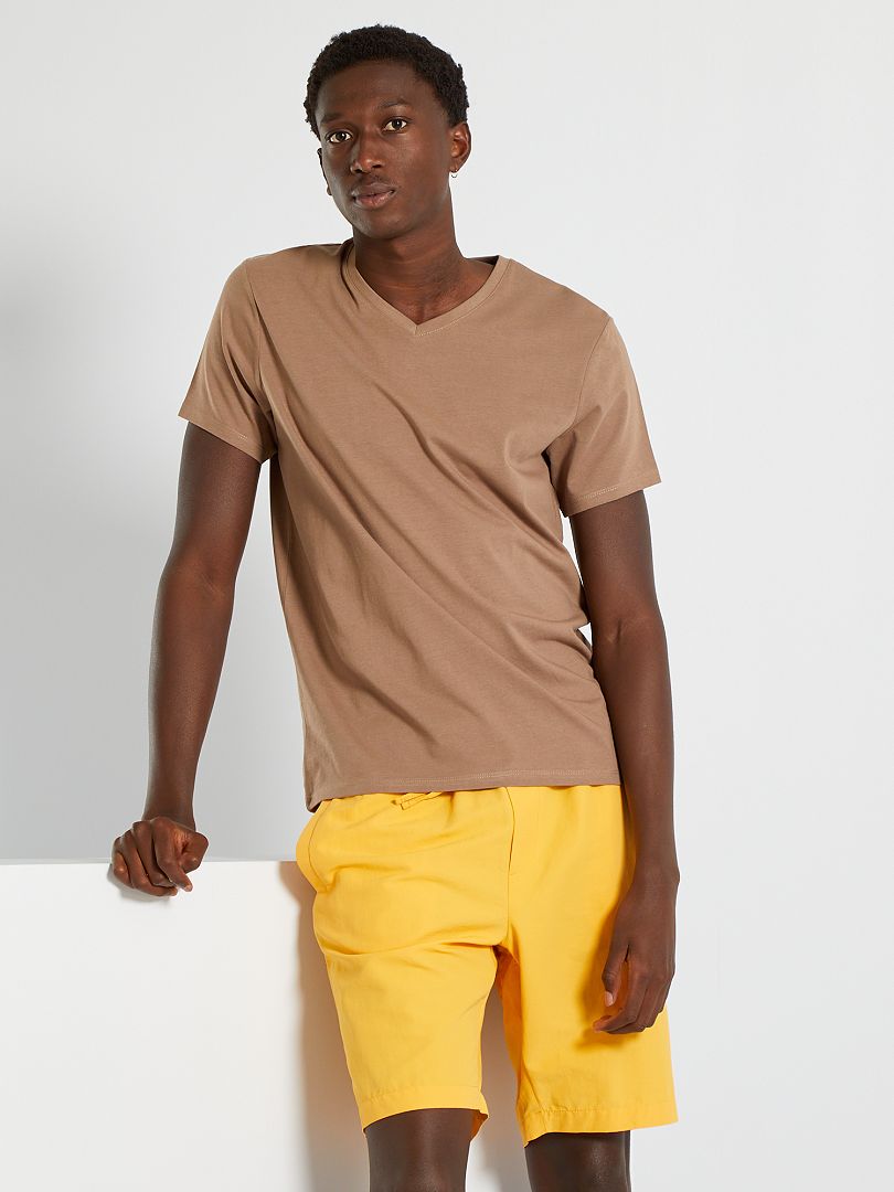 Katoenen, regular-fit T-shirt met V-hals beige - Kiabi