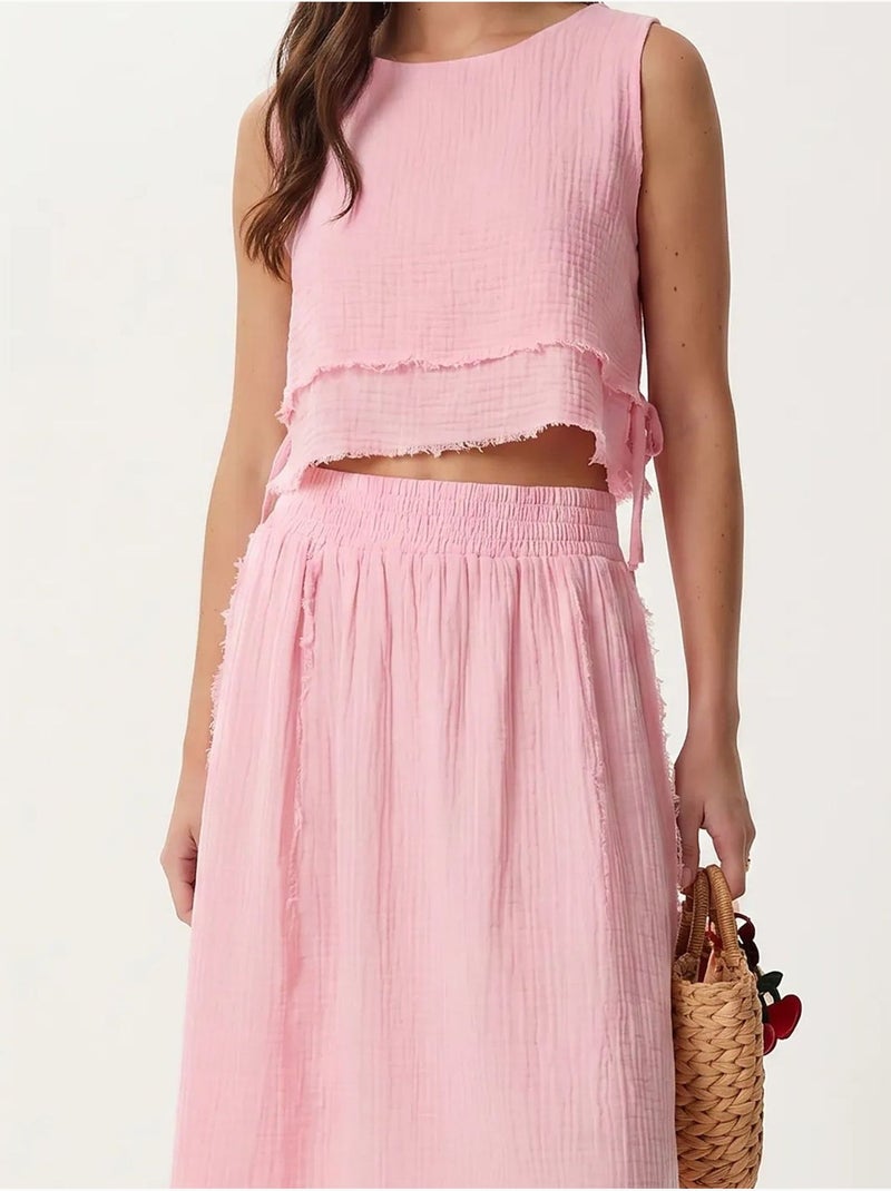 Katoenen set met mouwloze blouse en midi-rok istanbul Lichtroze - Kiabi