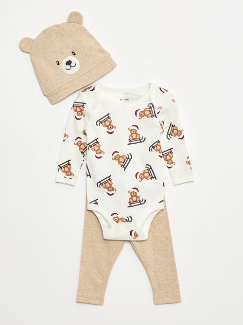 Katoenen setje - Rompertje + legging + muts in kerstthema - Kiabi