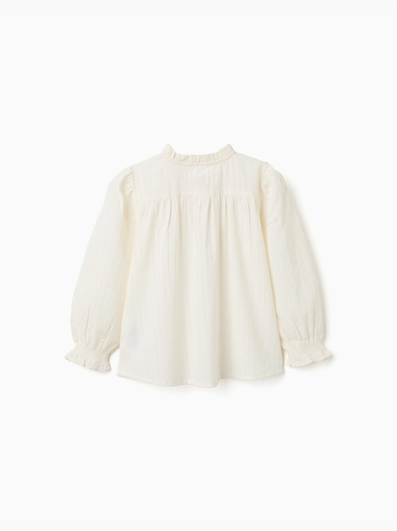 Katoenen shirt met lange mouwen en ruches Wit - Kiabi