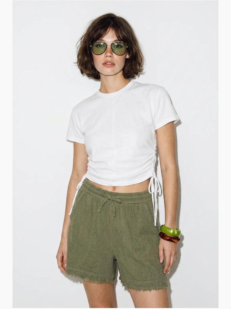 Katoenen short met hoge taille en wijde pijpen lucci Kaki - Kiabi