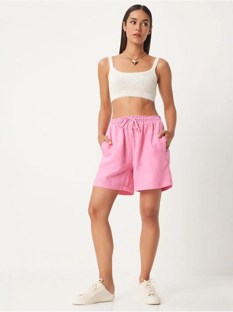 Katoenen shorts met hoge taille en wijde pijpen istanbul Lichtroze - Kiabi