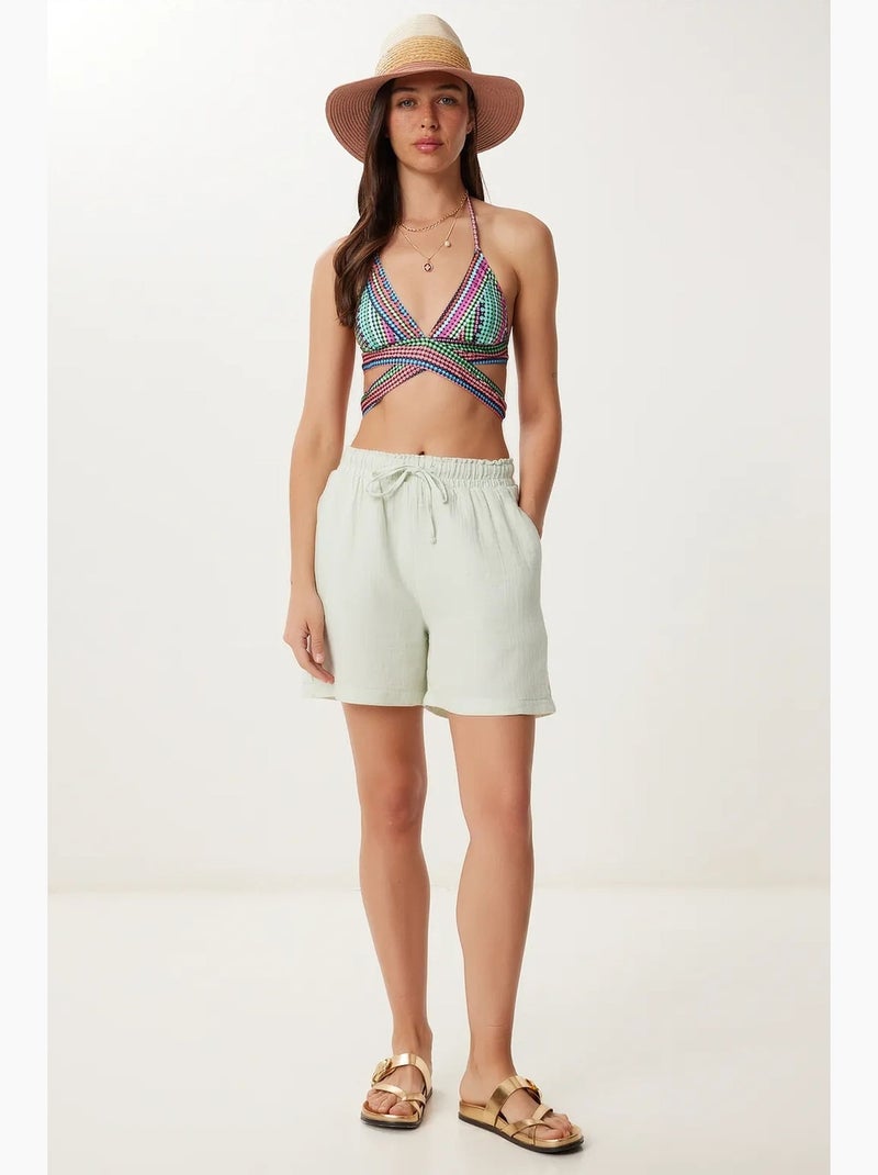 Katoenen shorts met hoge taille en wijde pijpen istanbul Muntgroen - Kiabi