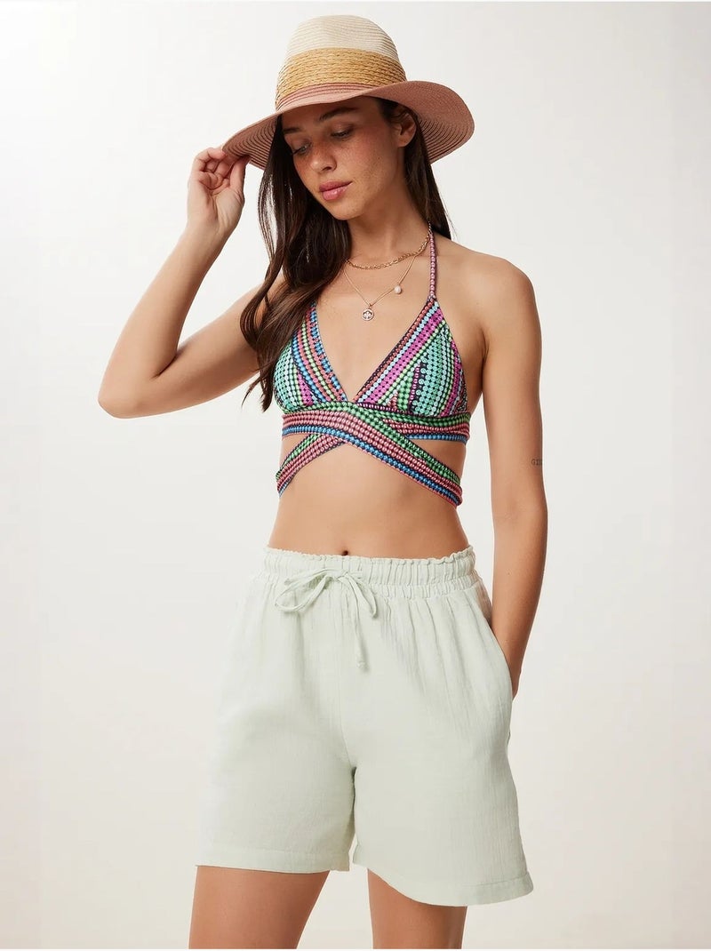 Katoenen shorts met hoge taille en wijde pijpen istanbul Muntgroen - Kiabi