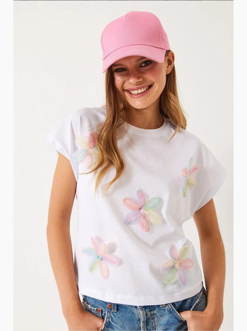Katoenen t-shirt met bloemenborduursel en ronde hals lucci - Kiabi