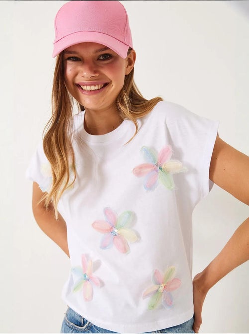 Katoenen t-shirt met bloemenborduursel en ronde hals lucci - Kiabi