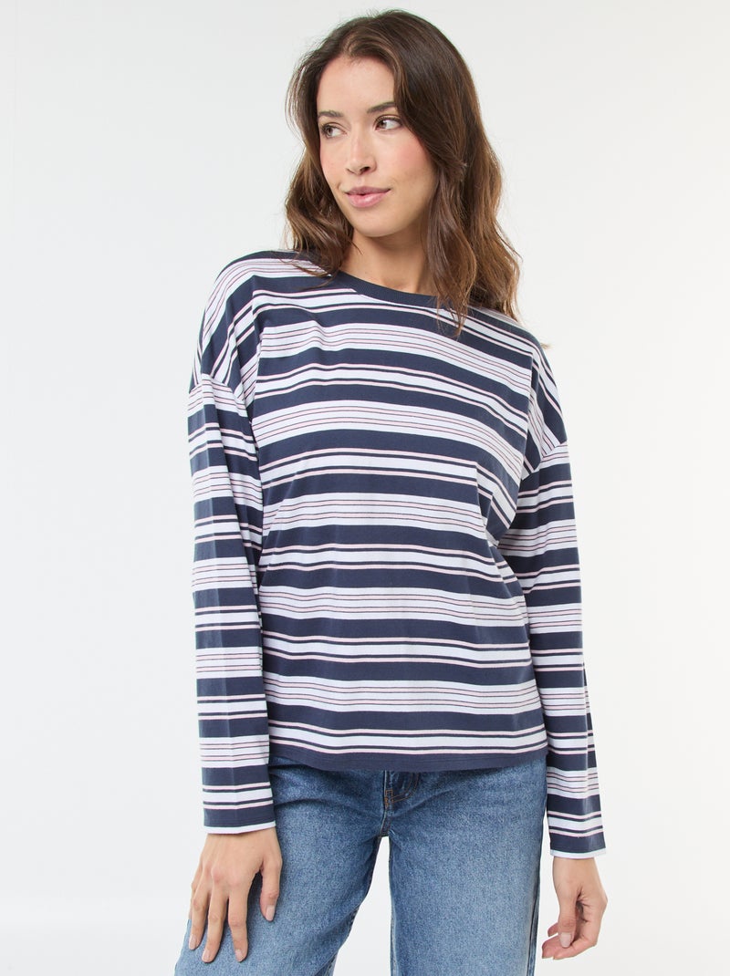 Katoenen T-shirt met driekleurige strepenprint Blauw - Kiabi