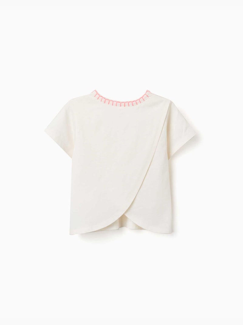 Katoenen T-shirt met geborduurde kraag Lichtbeige - Kiabi