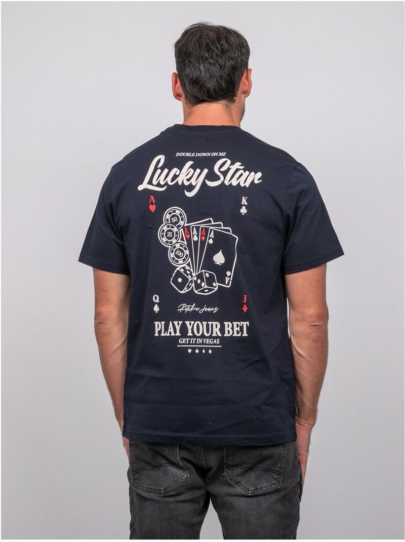 Katoenen t-shirt met korte mouwen en pokerprint joplayer Marineblauw - Kiabi