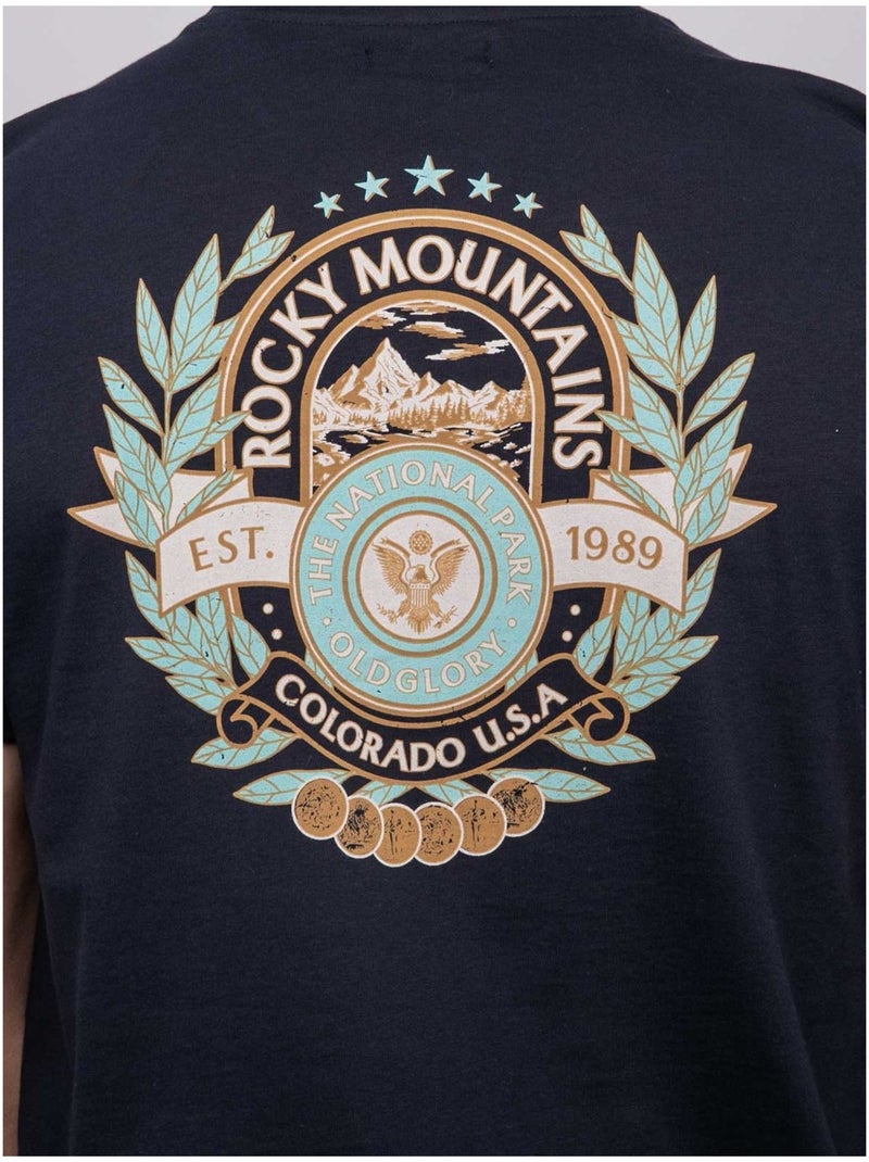 Katoenen t-shirt met korte mouwen en rugprint jargus Marineblauw - Kiabi