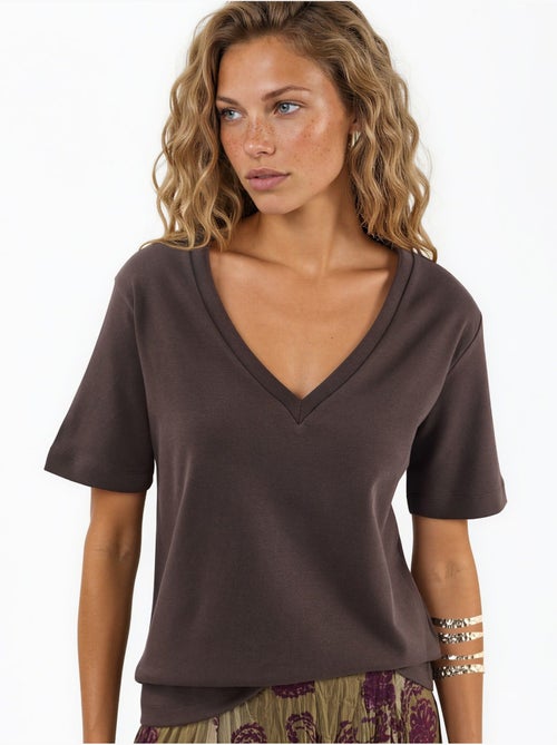 Katoenen t-shirt met v-hals, reguliere pasvorm en effen kleur busem - Kiabi