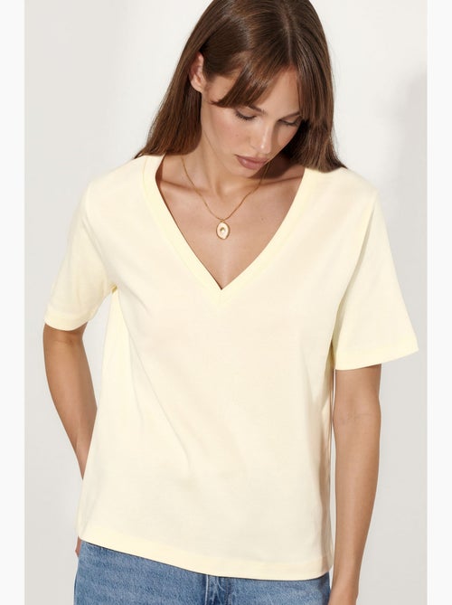 Katoenen t-shirt met v-hals, reguliere pasvorm en effen kleur busem - Kiabi