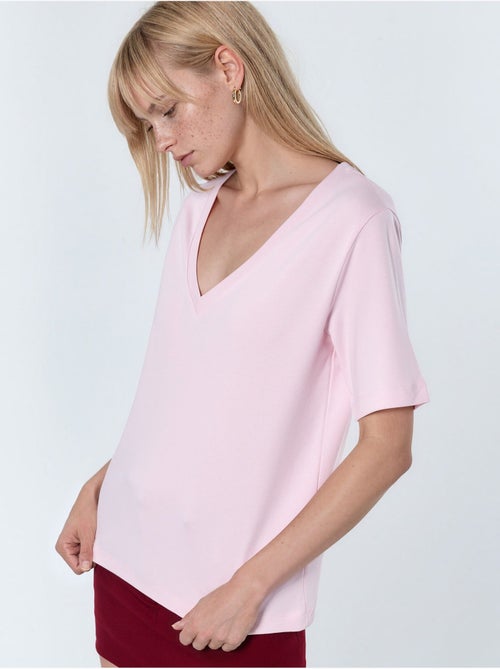 Katoenen t-shirt met v-hals, reguliere pasvorm en effen kleur busem - Kiabi