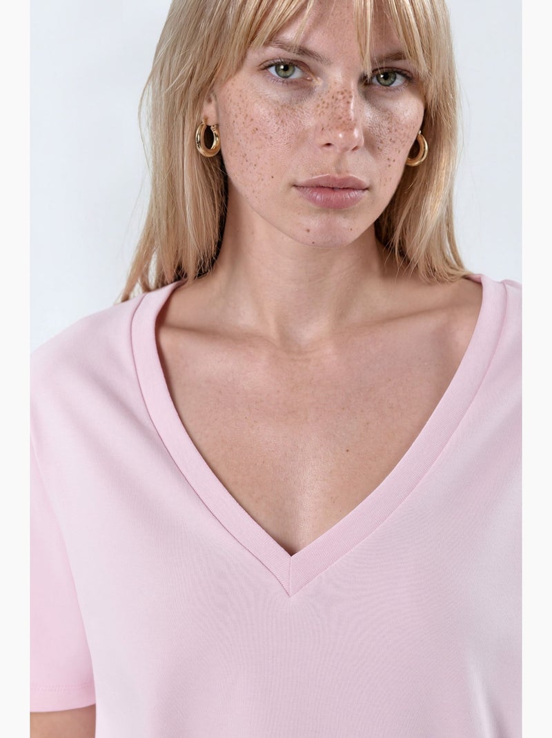 Katoenen t-shirt met v-hals, reguliere pasvorm en effen kleur busem Lichtroze - Kiabi