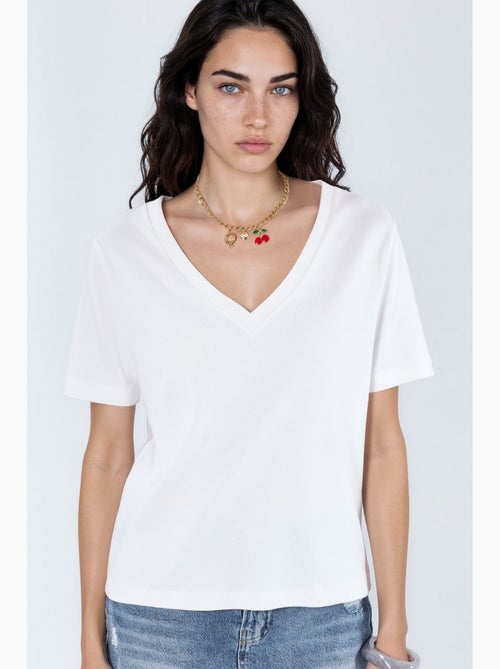 Katoenen t-shirt met v-hals, reguliere pasvorm en effen kleur busem - Kiabi