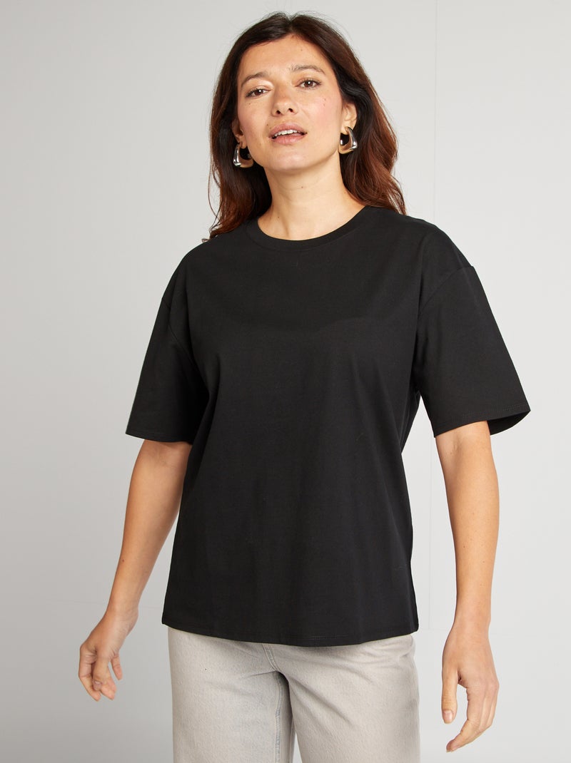 Katoenen T-shirt voor dames met ronde hals en korte mouwen zwart - Kiabi