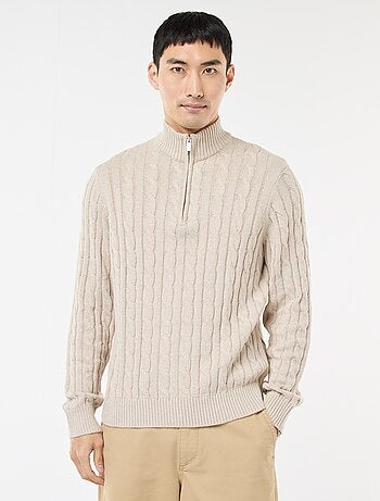 Katoenen trui met kabelpatroon en schipperskraag met ritsje