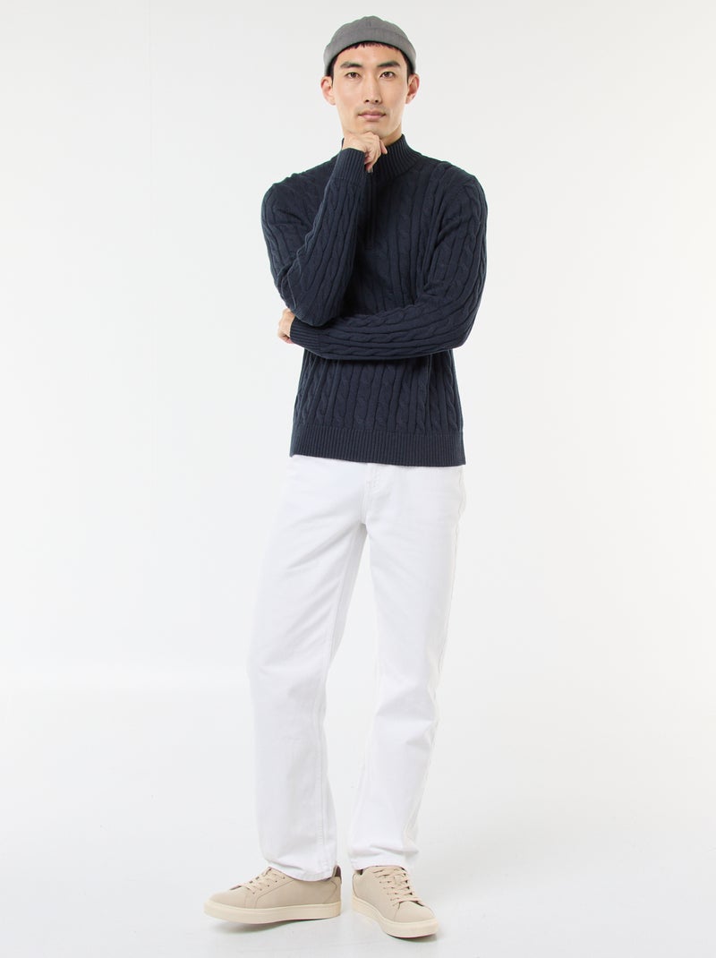 Katoenen trui met kabelpatroon en schipperskraag met ritsje Blauw - Kiabi