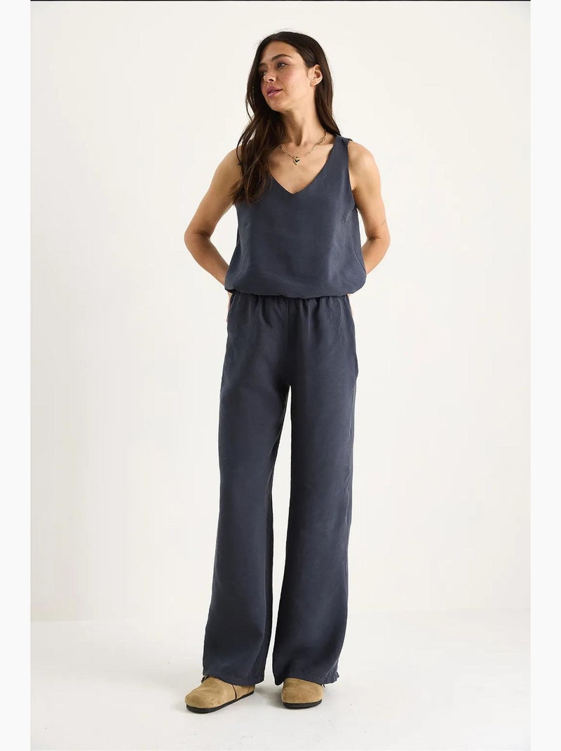 Katoenen tweedelige set met v-hals blouse en broek lucci Grijs Zwart - Kiabi