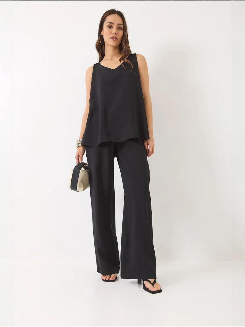 Katoenen tweedelige set met v-hals blouse en broek lucci Zwart - Kiabi
