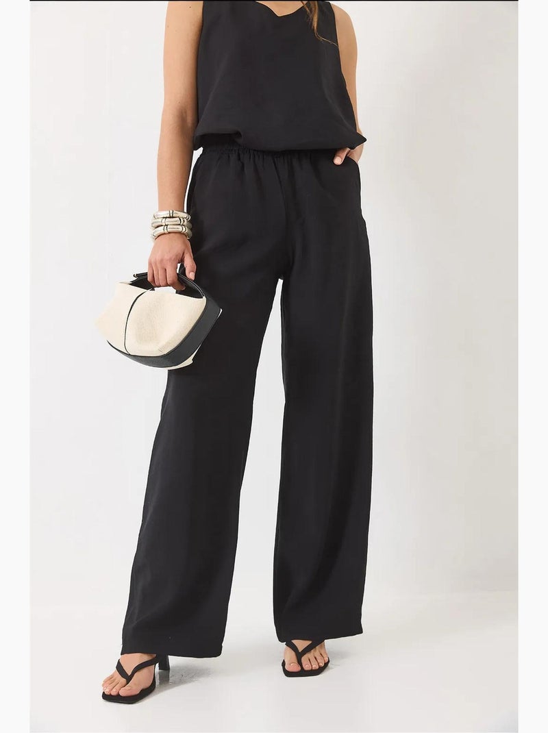 Katoenen tweedelige set met v-hals blouse en broek lucci Zwart - Kiabi