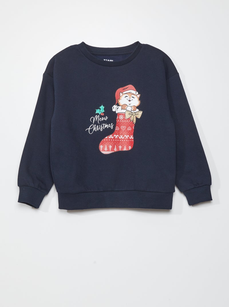 Kerstsweater van joggingstof met katje BLAUW - Kiabi