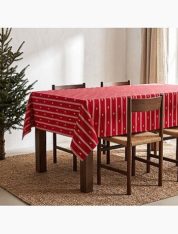 Kersttafelkleed met dubbele strepen, lurex-garen en geborduurde dennenbomen in reliëf - gamusi.
