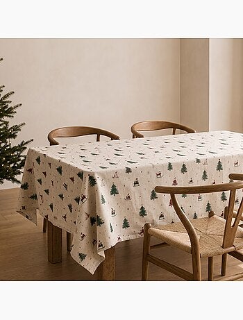 Kersttafelkleed met natuurlijke linnenlook en alpine print - gamusi.
