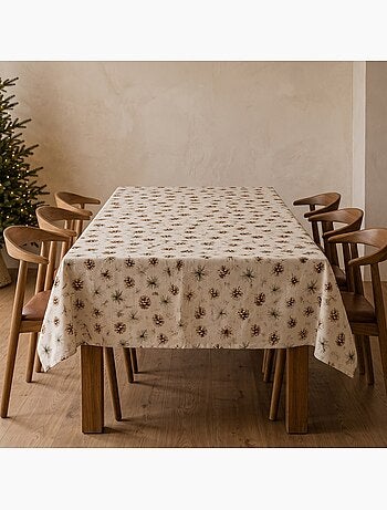 Kersttafelkleed met natuurlijke linnenlook en dennenbomenprint - gamusi.