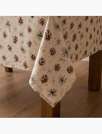 Kersttafelkleed met natuurlijke linnenlook en dennenbomenprint - gamusi.