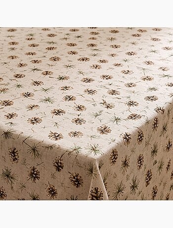 Kersttafelkleed met natuurlijke linnenlook en dennenbomenprint - gamusi.