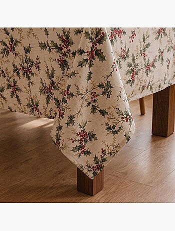 Kersttafelkleed met natuurlijke linnenlook en hulstprint - gamusi.