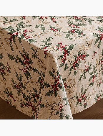 Kersttafelkleed met natuurlijke linnenlook en hulstprint - gamusi.