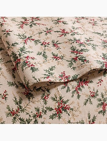 Kersttafelkleed met natuurlijke linnenlook en hulstprint - gamusi.